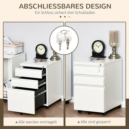 Rollcontainer – Bureaukast – Ladeblok – Kantoorcontainer – Archiefkast – Met 3 Lades – Wit Staal – Lockable – Met Wieltjes – 39x48x60 cm