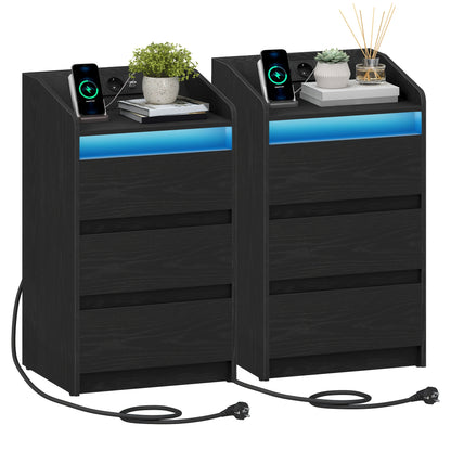 nachtkastje – bijzettafel – nachtkastje met lade – slaapkamertafel – nachtkastje set – oplaadstation met 2 USB en 2 stopcontacten – 3 grote lades – LED-verlichting – zwart – 35x40x68 cm – spaanplaat