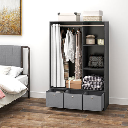Kledingkast – Kast – Garderobekast – Kledingopslag – Slaapkamerkast – Met Gordijn – 117,5 cm Kledingroede – 3 Uitneembare Stoffen Lades – Zwarte Houtlook – 105x48x160 cm