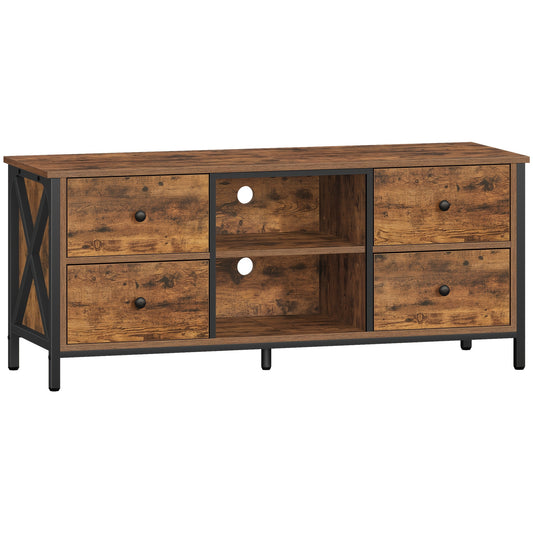 Tv-meubel – TV-kast – TV-meubelkast – TV-stand – TV-dressoir – Vintage Bruin/Zwart – 4 Lades – 2 Open Vakken – 120x40x50 cm – Industrieel Stalen Frame – Duurzaam Spaanplaat