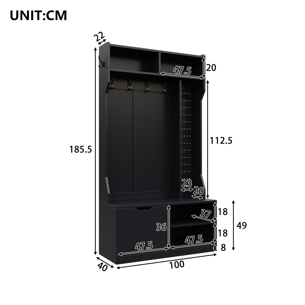 Kapstok – Halmeubel – Garderoberek – Wandkapstok – Staande Kapstok – Met Zitbank en 6 Haken – Zwart 100x185,5x40 cm – Compact en Ruim Opbergmeubel