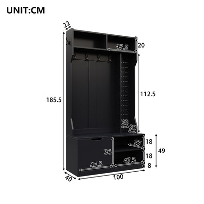 Kapstok – Halmeubel – Garderoberek – Wandkapstok – Staande Kapstok – Met Zitbank en 6 Haken – Zwart 100x185,5x40 cm – Compact en Ruim Opbergmeubel