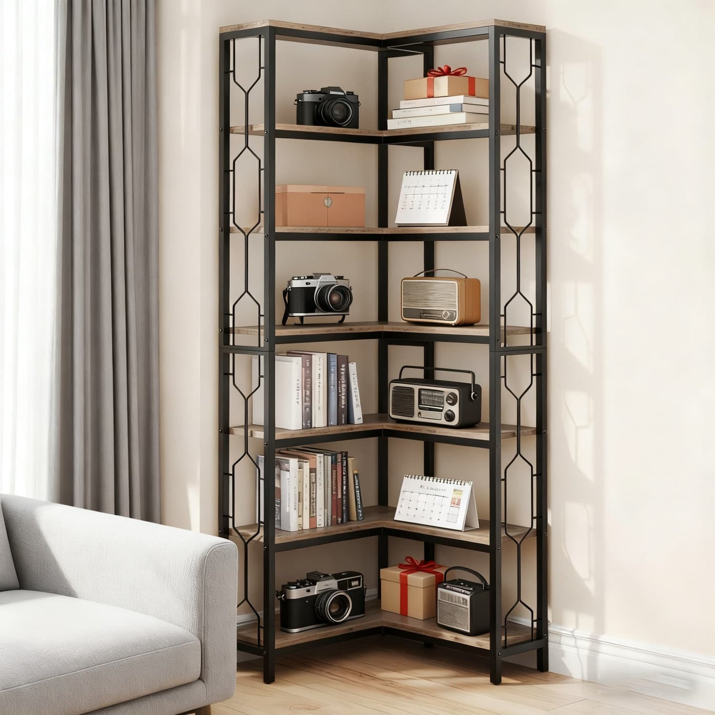 Hoekboekenkast – Hoekrek – Opbergkast – Boekplank – Wandmeubel – Industrieel Design – 7 Lagen Met L-vormige Reling – Hout & Metaal – Draagvermogen 50 kg – Grijs