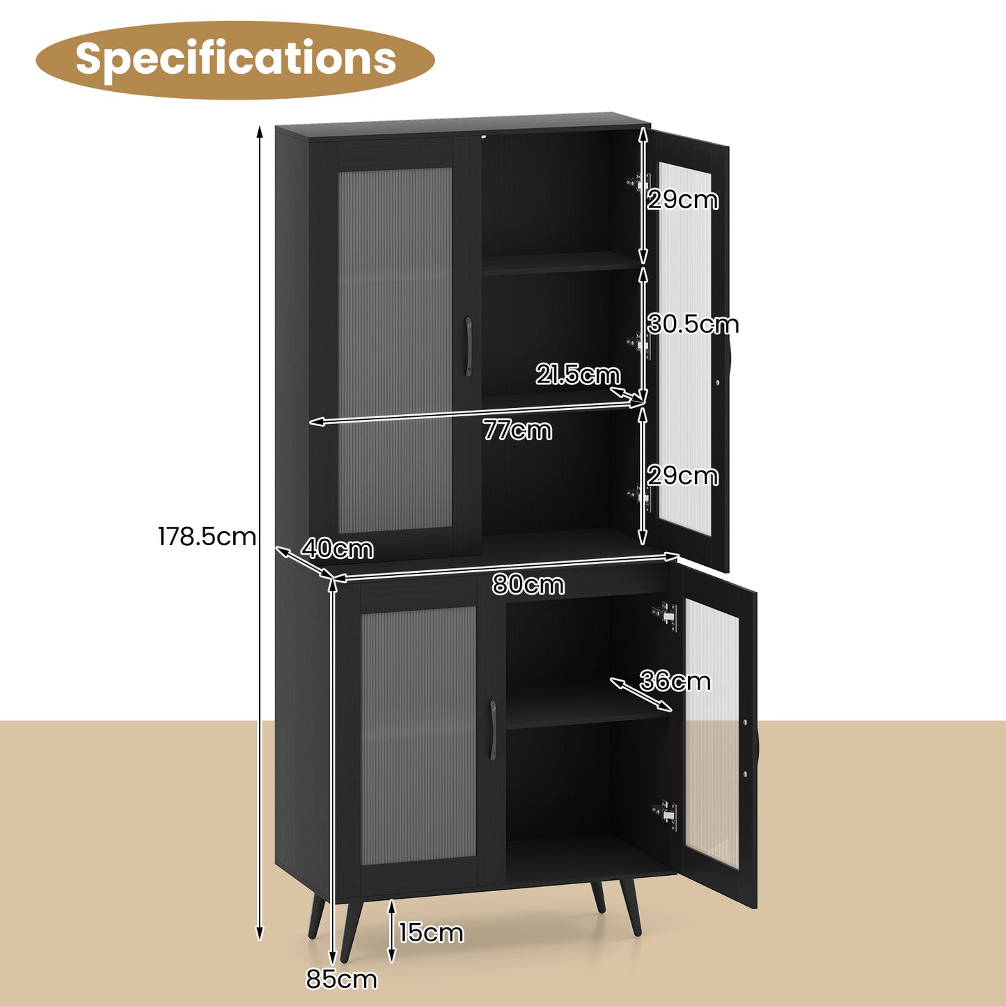 Voorraadkast – Keukenkast – Opbergkast – Buffetkast – Kast – Zwart – Verstelbare Planken – Transparante Deuren – 80x40x178,5 cm