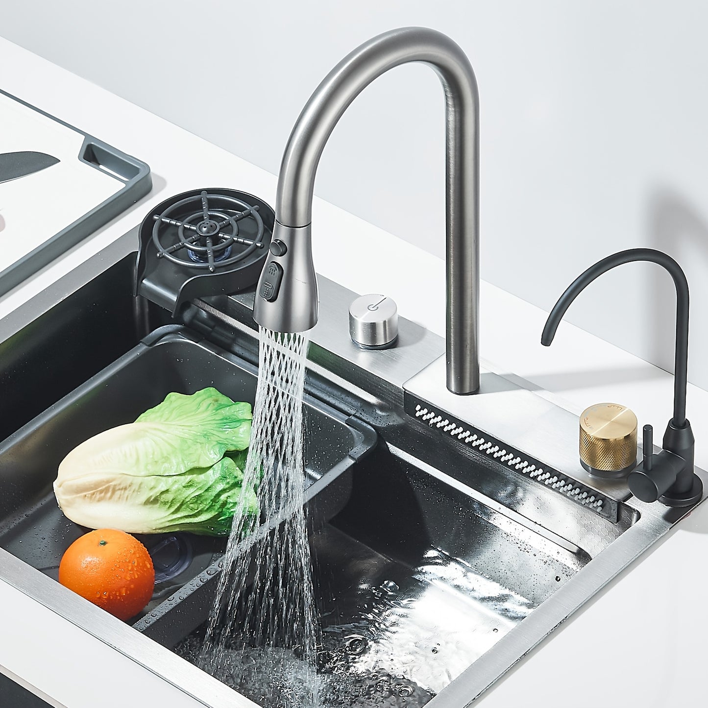 1 Set Built-in Waterfall Sink Single Bowl Kitchen Sinks, High-End Kitchen Deluxe Stainless Steel, Includes 3-In-1 Faucet, Cup Wash And Drain KitStainless Steel Bar Sink with Pull Down Sprayhead Faucet, Gun Gray Or Brushed Gol