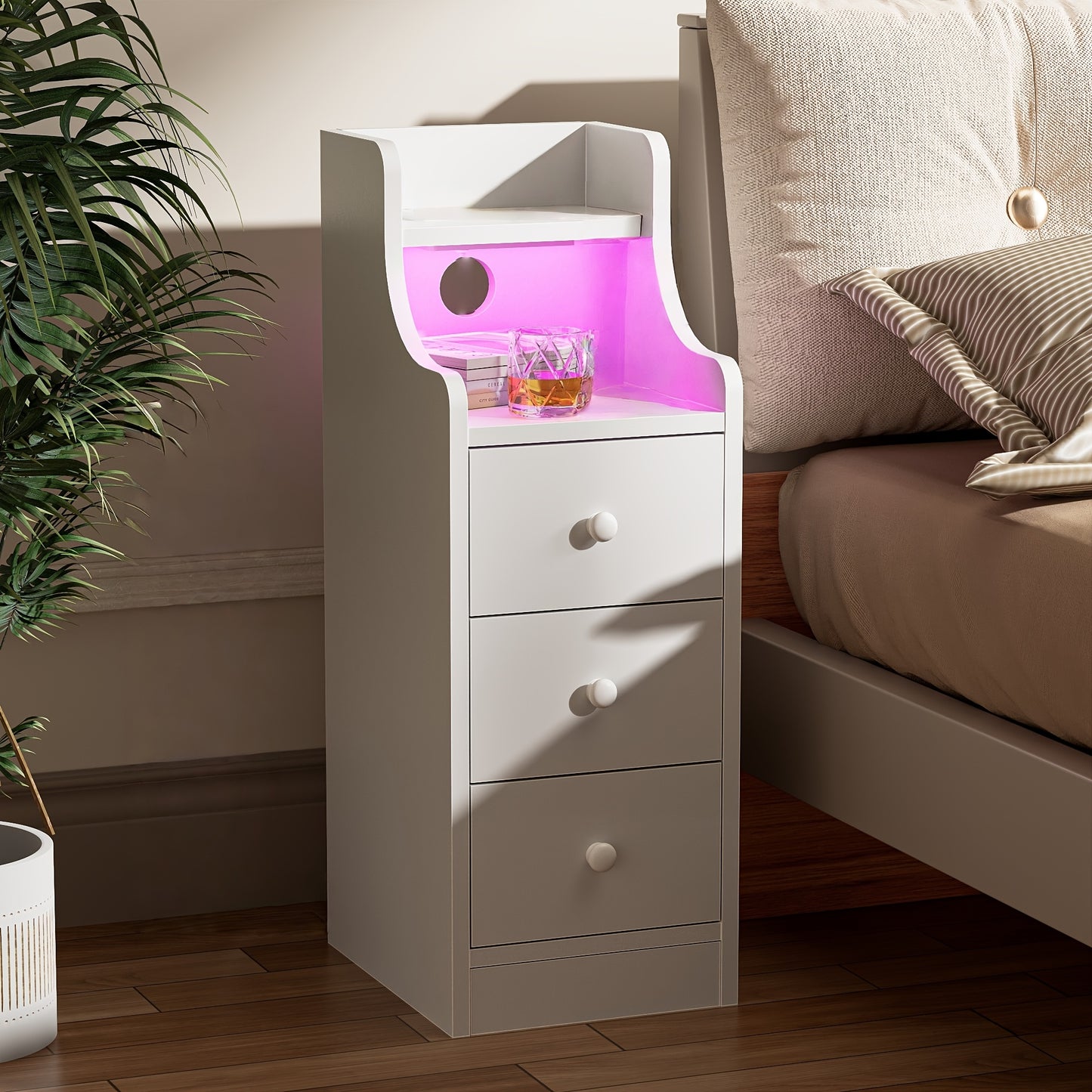 Modern White Slim Nightstand with 3-Tier Drawers & Open Shelf - Space-Saving Vertical Bedside Cabinet, Compact Bedside Table for Small Spaces, Easy Assembly Particle Board (White/Brown), Narrow Dresser for Bedroom/Living Room