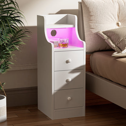 Nachtkastje – Nachtkastjes – Bijzettafel – Ladekast – Smal Kastje – Smal Wit Nachtkastje – 3 Lades & Open Vak – Compact 70 cm Hoog