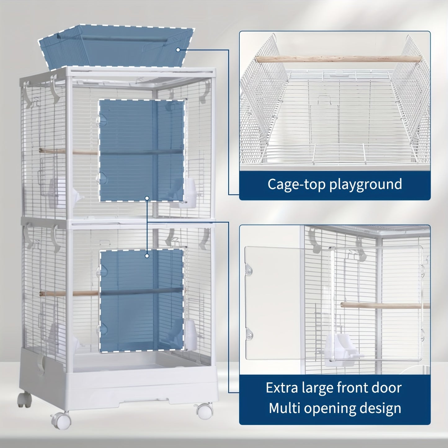 2-in-1 Travel Bird Cage & Playground Stand with 2-Level Parrot Carrier - 111.76cm White Portable Bird aviary for medium/small birds, Lockable Wheels, Removable Grid, Slide-Out Tray, Perches & Feeding Cups - Ideal for, Vet Vis