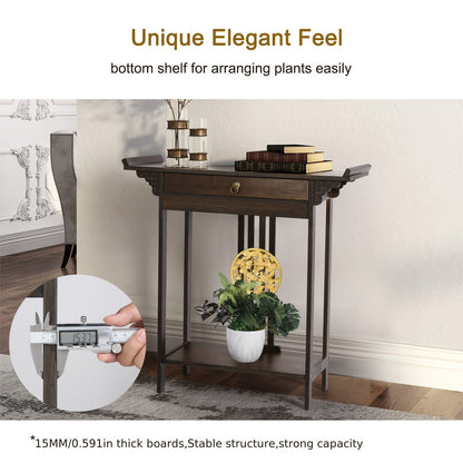 Retro Farmhouse Sidetable – Houten Dressoir – Halmeubel – Sofa Tafel – Nachtkastje – Donkerbruin – Massief Hout – Lade en Plank – 119,89x39,88x76,96 cm – Gouden Knoppen – Eenvoudige Montage