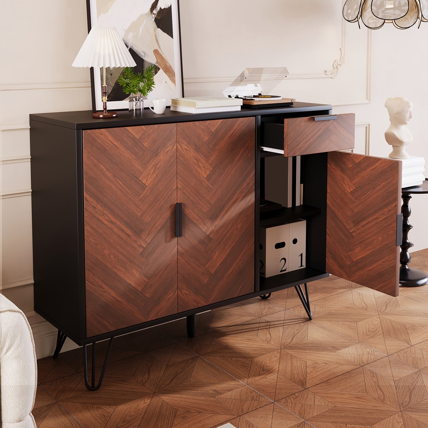 Opbergkast – Kasten – Sideboard – Dressoir – Lockers – Zwart Met Houtlook – Verstelbare Planken – Lade – Stevige Constructie