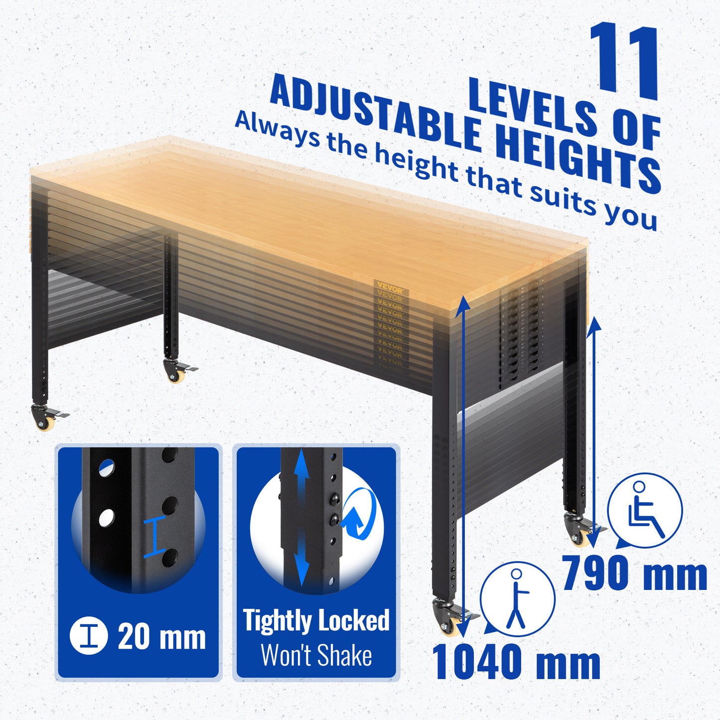 Werkbank – Werktafel – Klusbank – Verstelbare Werkplek – 122x61 cm – Massief Hardhout Werkblad – Ingebouwd Stopcontact & PU Zwenkwielen