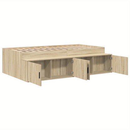 Opbergbed – Opbergbedframe – Bed met Laden – Eenpersoonsbed – Slaapbank – Eiken Bruin – 90x200 cm – Hardhouten Frame – Ingebouwde Opbergladen
