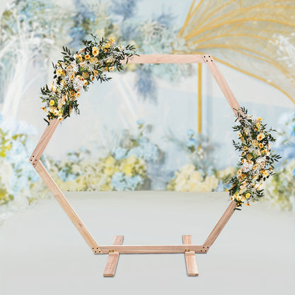 GDRASUYA10 Contemporary Hexagonal Wooden Stand for Weddings, Parties & Home Decor - Freestanding Rustic Photo Backdrop with Vibrant Floral Accents, Wooden Decor, Party Decoration, Elegant Design, Natural Texture