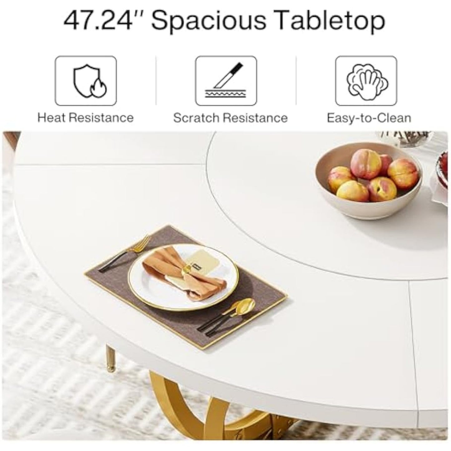 Ronde Eettafel – Ronde Tafel – Keukentafel – Eetkamertafel – Tafel – MDF Blad Wit – Gouden Metalen Onderstel – 120 cm – Geschikt voor 4-6 Personen