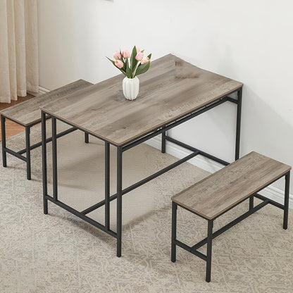 Eettafelset 4 Personen – Tafel Met Banken – Keukentafel – Dinette Set – Compacte Eetkamermeubels – Met Opbergruimte En Wijnrek – Rustiek Grijs – Ruimtebesparend Design