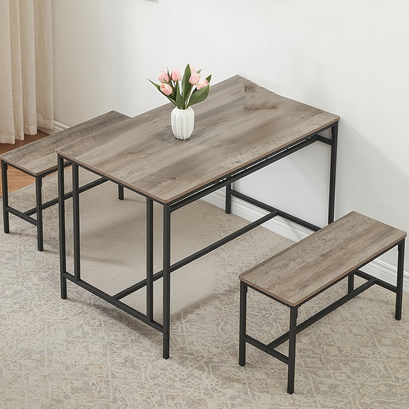Eettafelset voor 4 Personen – Eettafel met Banken – Keukentafel – Dinette – Tafel met Opbergruimte – Zwart – Inclusief Wijnrek en Compact Ontwerp
