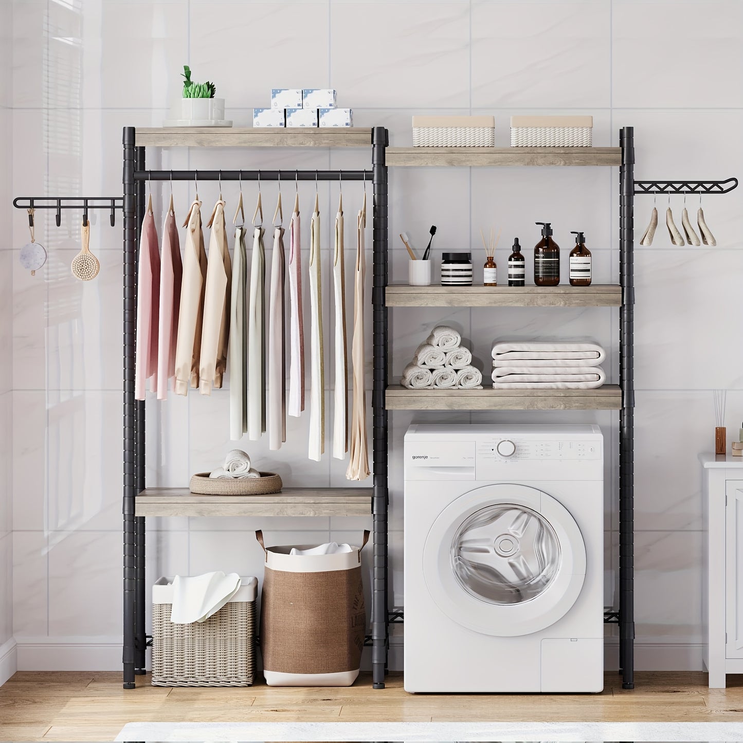 5-Tier Heavy-Duty Over-The-Washer & Dryer Storage Shelf with Drying Racks - Space-Saving Laundry Room Organizer, Freestanding Multi-Shelf Unit with Hanging Rods, Washer/Dryer Compatible Cabinet for Home (Easy Assembly)
