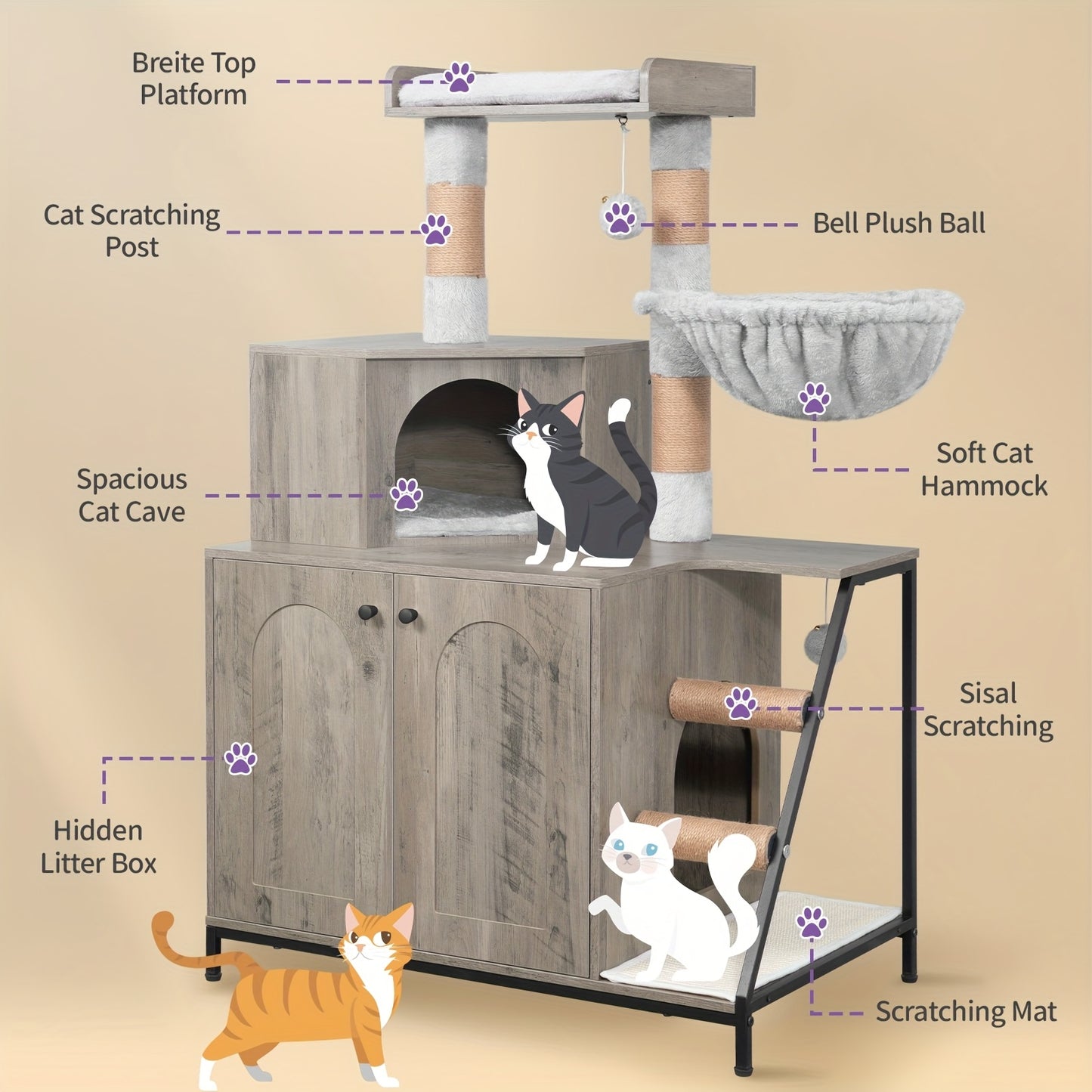 Kat Tree – Krabpaal – Katmeubel – Kat Huis – Katten Krabmeubel – 4-in-1 Multi-Level Design – Wasbare Kussens & Sisal Krabmat – Greige – Geschikt Voor Grote Binnenkatten