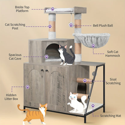 Kat Tree – Krabpaal – Katmeubel – Kat Huis – Katten Krabmeubel – 4-in-1 Multi-Level Design – Wasbare Kussens & Sisal Krabmat – Greige – Geschikt Voor Grote Binnenkatten