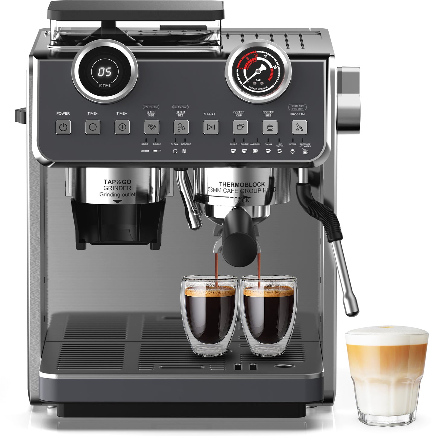 Espressomachine – Koffiemachine – Barista Machine – Koffiezetapparaat – Espresso Maker – 20 Bar Druk – 2800 W Vermogen – Ingebouwde Koffiemolen – Dubbel Verwarmingselement – RVS 2,7 L Waterreservoir