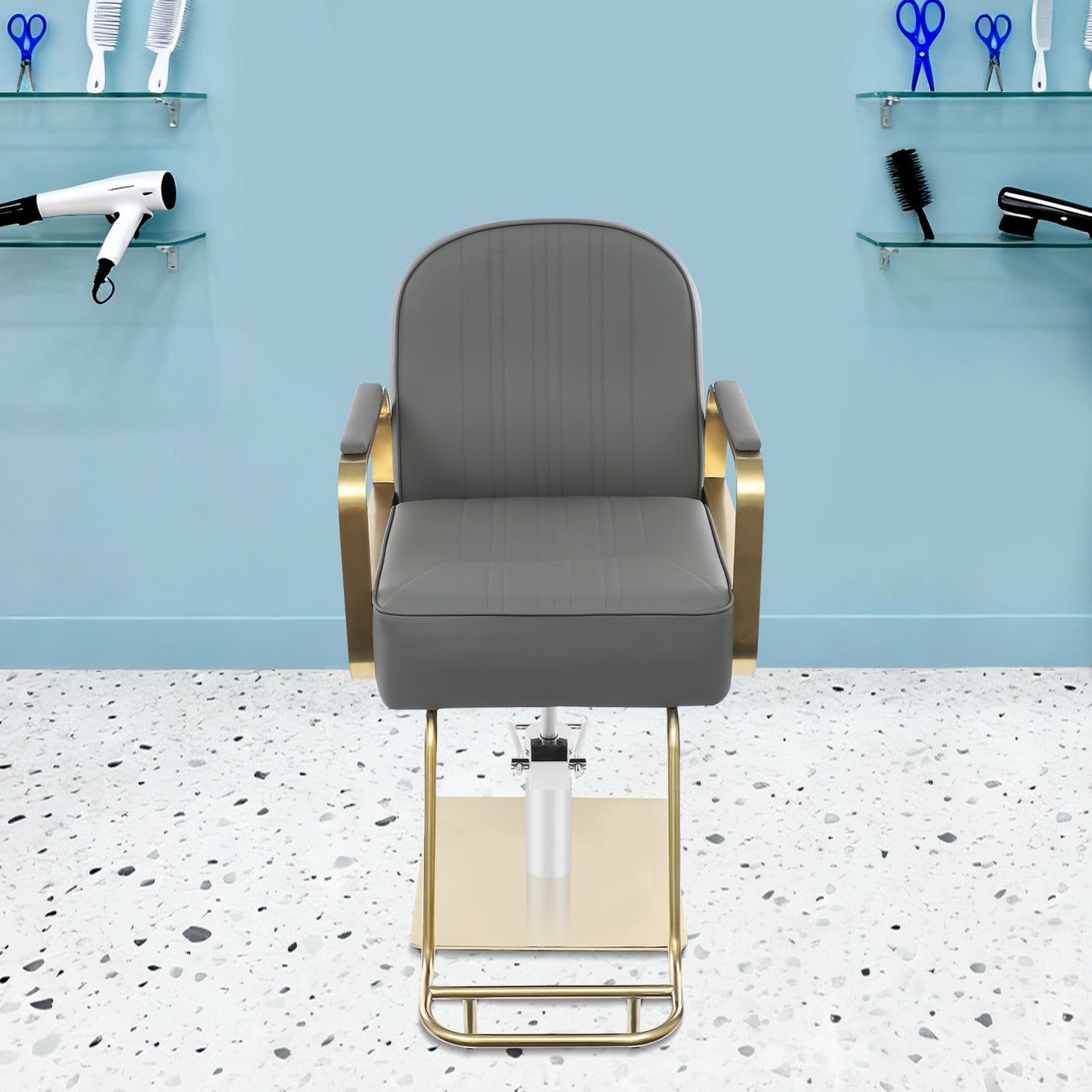 Professional Heavy-Duty Barber Chair - Height-Adjustable Salon Chair with 360° Swivel, PU & Frame (Square Base & Round Pedestal Feet) - Grey Barber Chair for Hair Salon, Barbershop - Compatible with Most