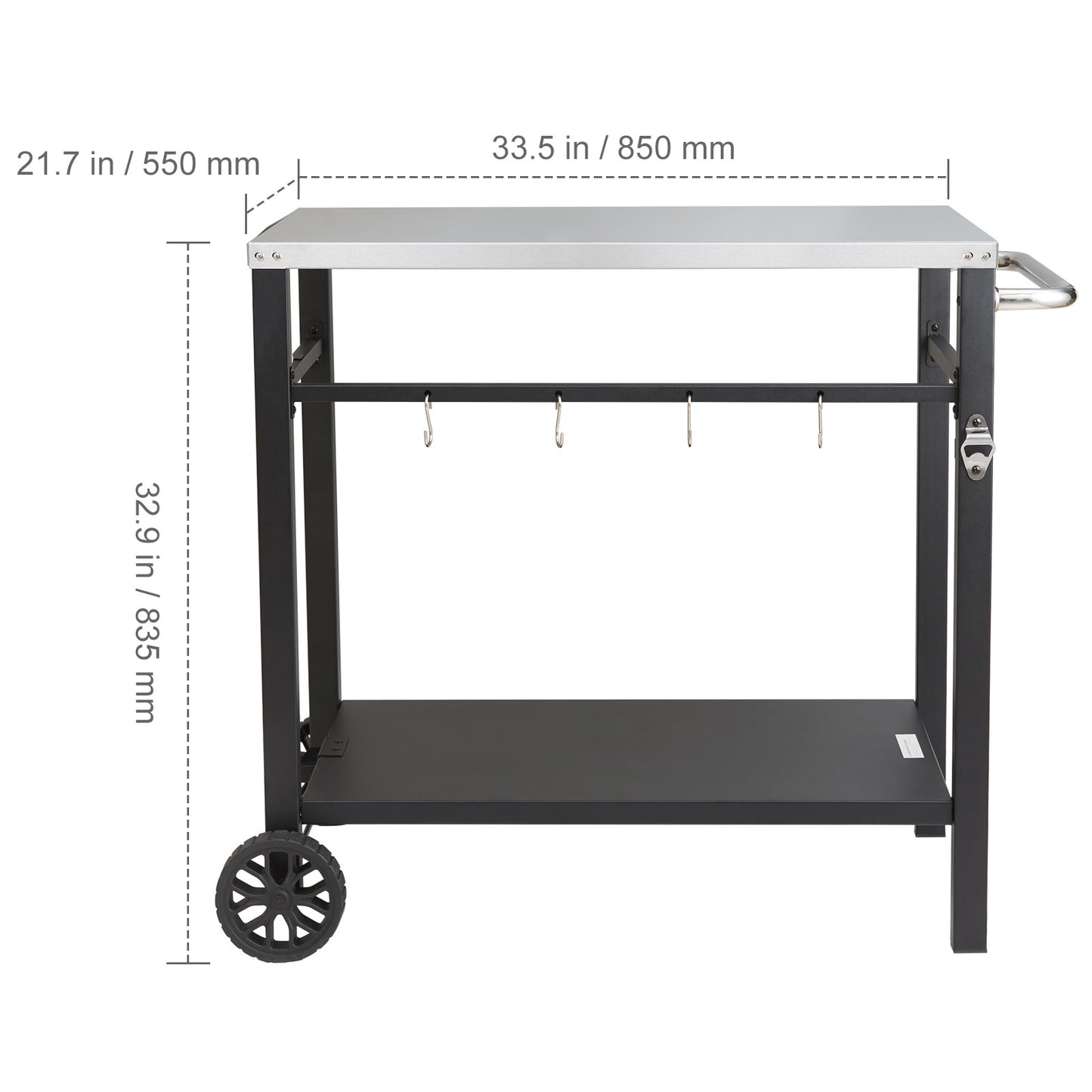 BBQ Werktafel – Barbecue Tafel – Grilltafel – Buitenkeuken Trolley – Werkbank Buiten – Roestvrijstalen Blad – Dubbele Plank – 85x55 cm – Verrijdbaar Met 2 Wielen