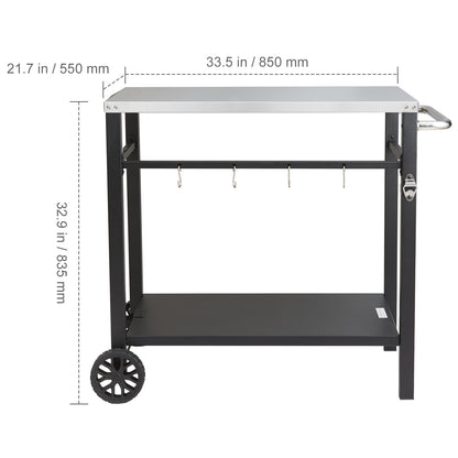 BBQ Werktafel – Barbecue Tafel – Grilltafel – Buitenkeuken Trolley – Werkbank Buiten – Roestvrijstalen Blad – Dubbele Plank – 85x55 cm – Verrijdbaar Met 2 Wielen