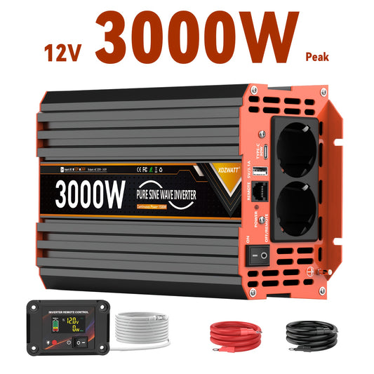 Spanningsomvormer – Omvormer – Inverter – Voltage Converter – Stroomomvormer – 12V 3000W Pure Sinusgolf – LCD Display & Afstandsbediening