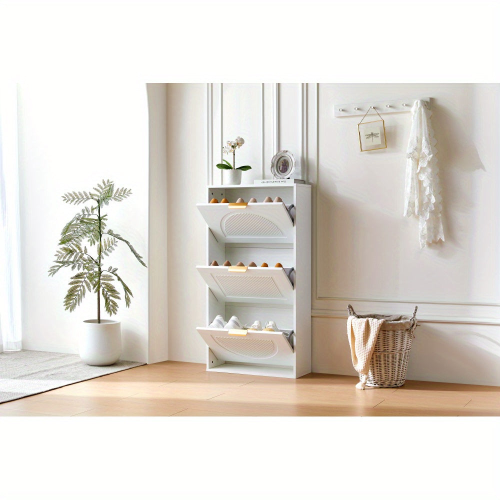 Modern White Narrow Shoe Cabinet with 3-Tier Shelves & Baffles - Space-Saving Vertical -Standing MDF Shoe Storage Unit, Golden-Like Label-Compatible for Hallway, Living Room, Entryway - Compact Shoe Rack (60x24x114cm), Shoe S