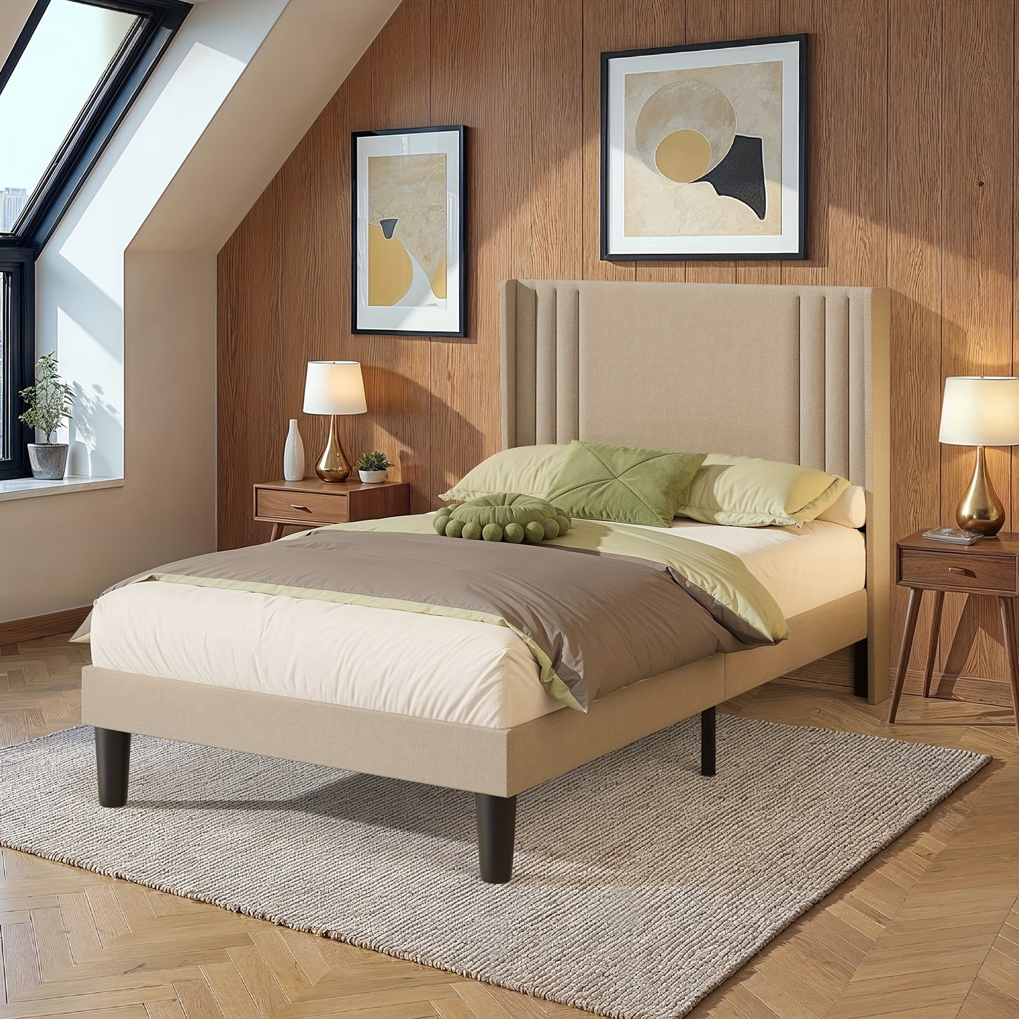 Bedframe – Ledikant – Slaapbank – Bedombouw – Slaapmeubel – Beige Soft-Pack Bekleding – 120x200 cm – Stille Strips – 20 cm Opbergruimte Onder Bed