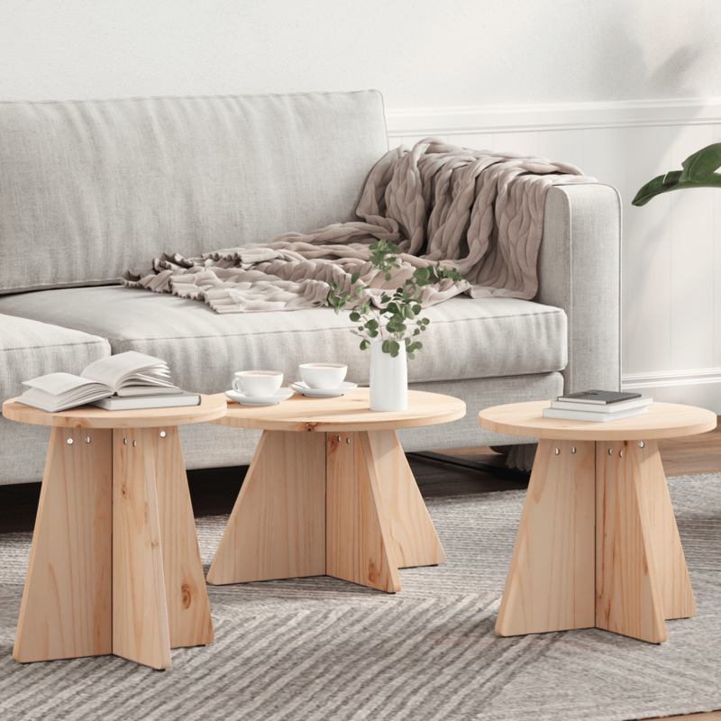 Coffee table 3pcs Natuurlijk 49 x 49 x 30cm solid pinewood Removable, suitable for indoor use and suitable for all seasons, Seasonal Home Accessory, Versatile Table Set, Modern Coffee Table, Sleek Home Decor, Durable Wood Fur