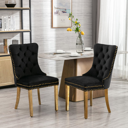 Eetkamerstoel Set 2 – Stoelen – Dining Chairs – Velvet Stoelen – Quilted Stoelen – Zwarte Velvet Bekleding – Goudkleurige Massief Houten Poten – Luxe Moderne Afwerking