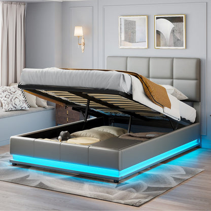 Gestoffeerd Tweepersoonsbed – Opbergbed – Boxspringbed – Led Bed – Slaapbank – Grijs – Met Hydraulische Lift – 16-kleuren LED-verlichting