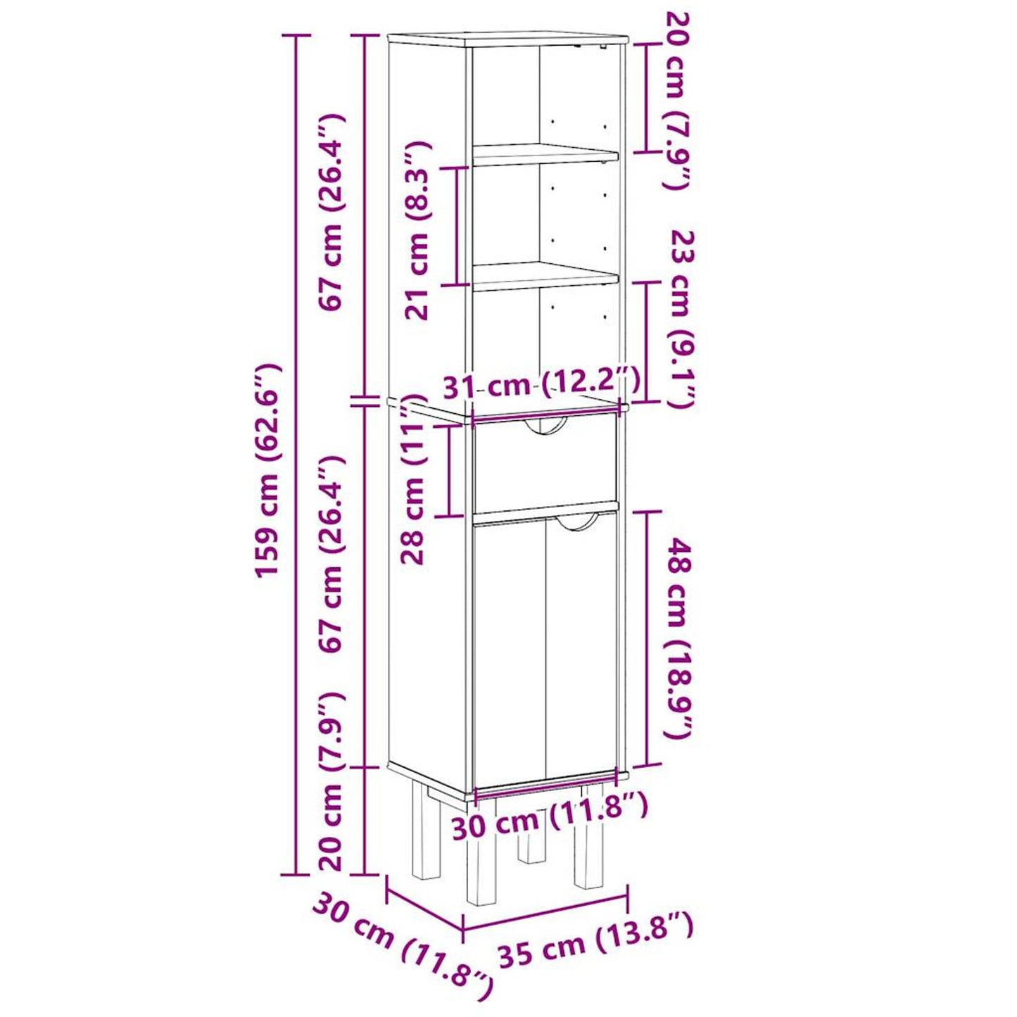 Badkamerkast – Kolomkast – Opbergkast – Wastafelonderkast – Badkamermeubel – Massief Dennehout – Compact 35x30x159 cm