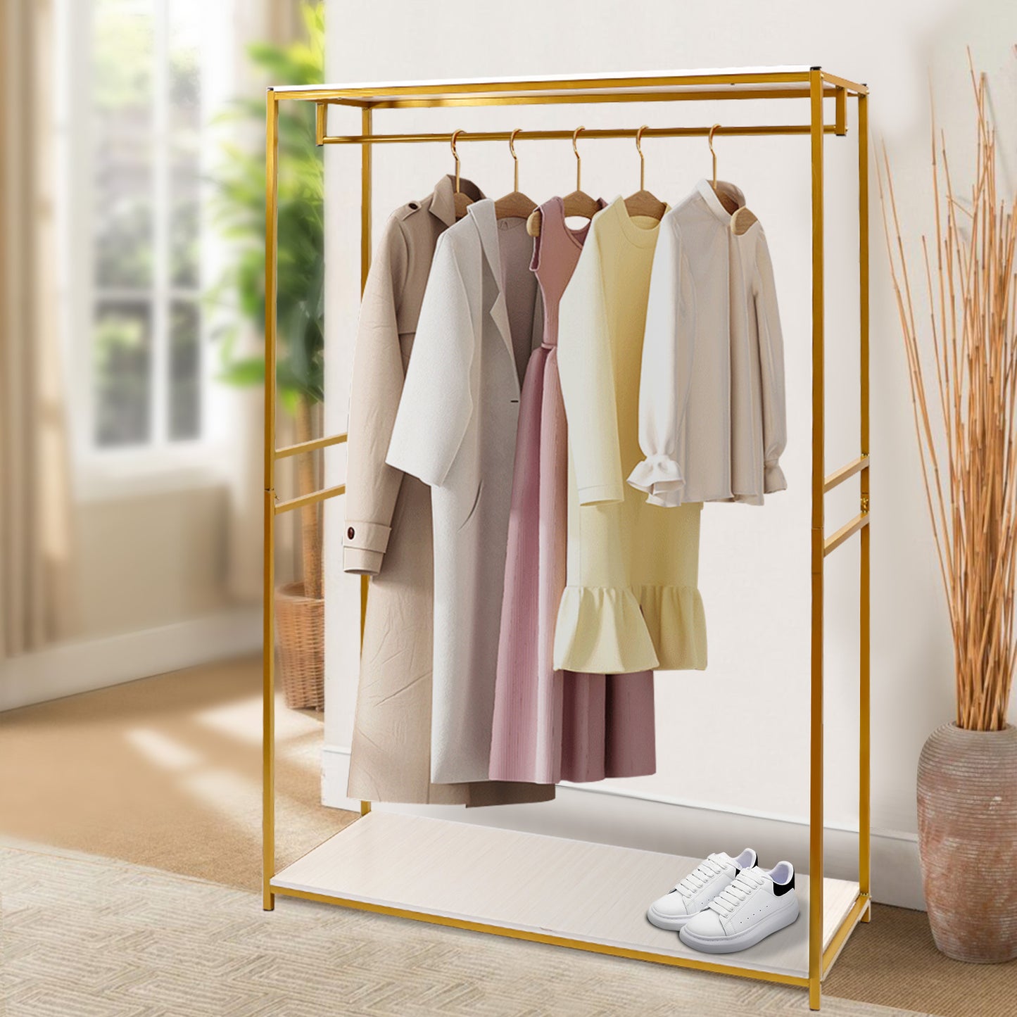 Heavy Duty Rolling Clothing Rack with Adjustable Height & 3-Tier Shelves - Golden Metal Frame Freestanding Garment Rack with Hanging Rods, Space-Saving Mobile Wardrobe Organizer for Home, Retail, Boutique - Sturdy Iron Constr