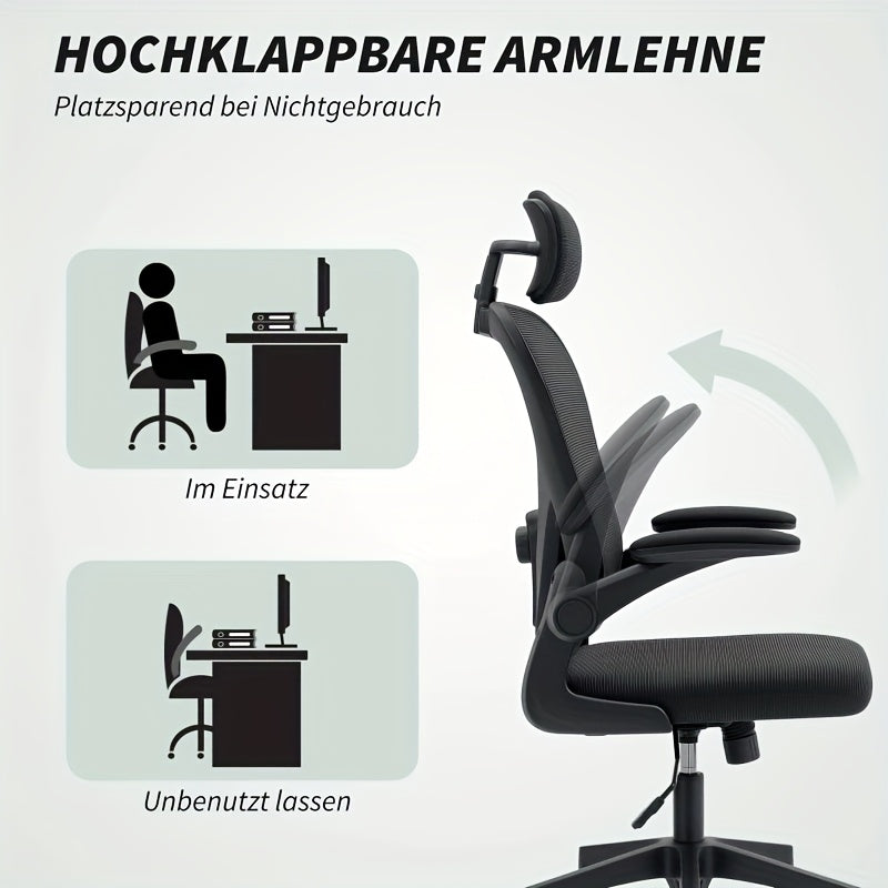 Ergonomic Office & Gaming Chair with Adjustable Lumbar Support, Breathable Mesh Backrest, Height-Adjustable Armrests (Foldable), 95°-110° Reclining Mechanism, Memory Foam Seat Cushion & Five-Wheel Base - Heavy-Duty Hardwood