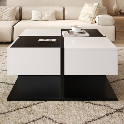 Modern Black and White Coffee Table | 70×70×35.5 cm, Square Living Room Storage Table with 2 Drawers, High Gloss Finish, Smooth Drawer Slides, Metal Construction