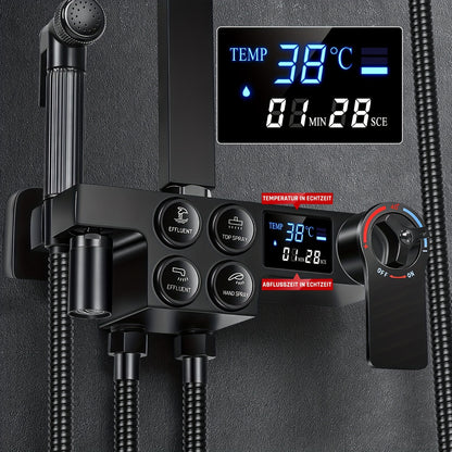 Kehot Contemporary Wall-Mounted Shower and Handheld Shower Combo with Digital Temperature Control - 38°C, 1 Minute Timer, 28 Kg Capacity, Black, No Electricity Needed, Modern Bathroom Accessories, Highquality Finish