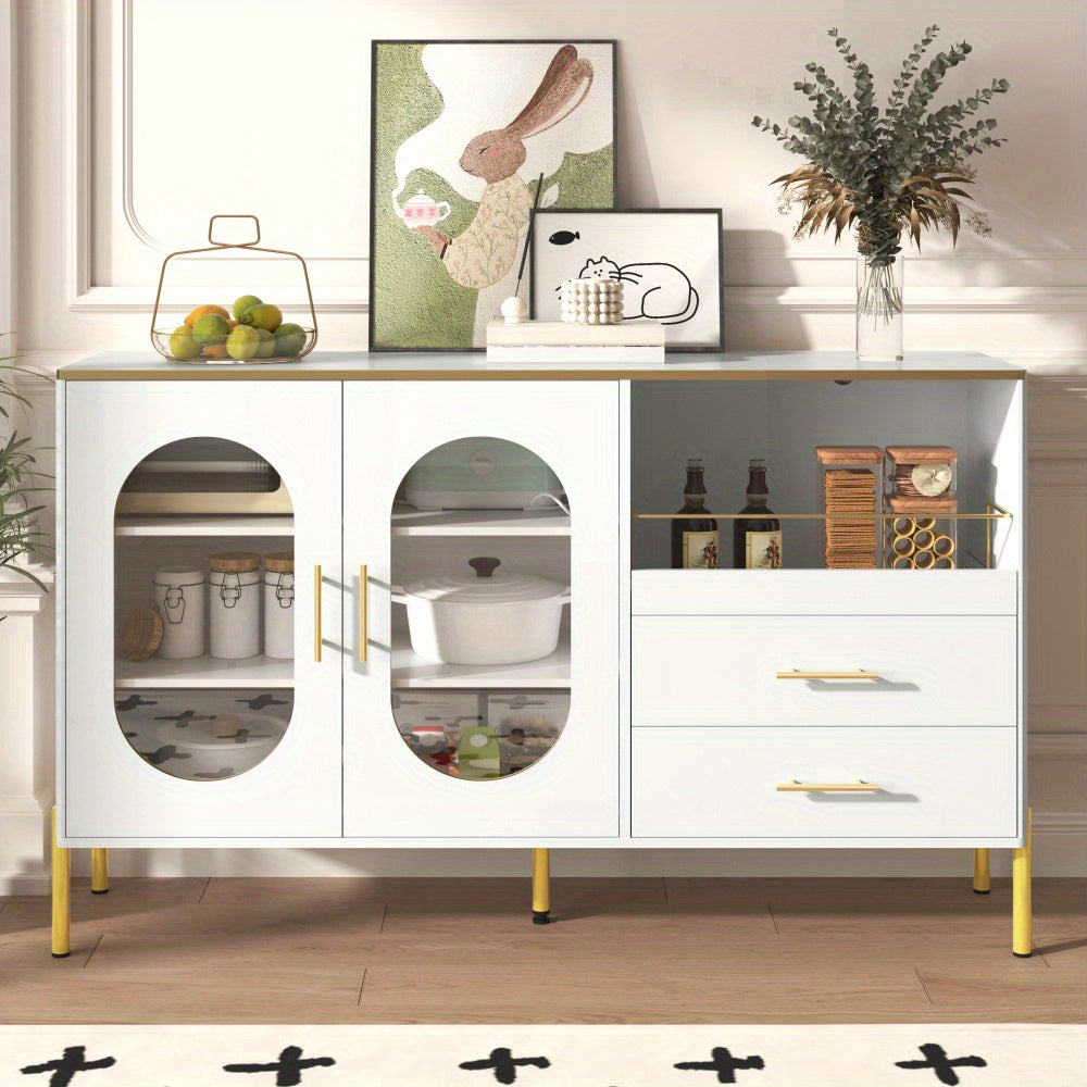 Dressoir – Buffetkast – Ladekast – Sideboard – Opbergkast – Modern Wit Met Gouden Accenten – 2 Glazen Deuren & 2 Lades – Luxe Strakke Afwerking – Stevig & Duurzaam