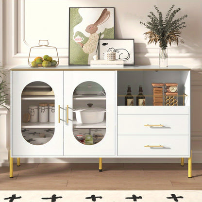 Dressoir – Buffetkast – Ladekast – Sideboard – Opbergkast – Modern Wit Met Gouden Accenten – 2 Glazen Deuren & 2 Lades – Luxe Strakke Afwerking – Stevig & Duurzaam