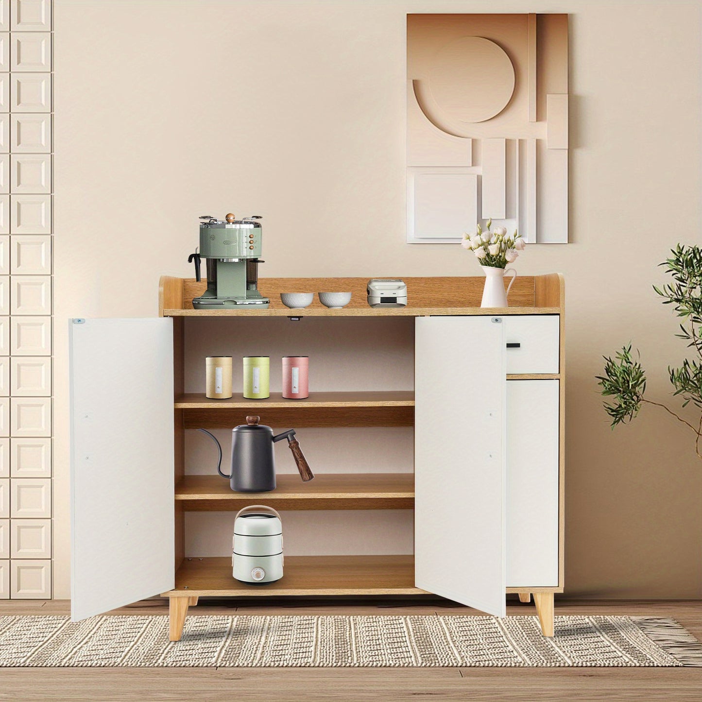 Keukenkast – Opbergkast – Voorraadkast – Kastje – Organiser – Vrijstaande Kast – Verstelbare Planken – Draagvermogen 60 kg – Wit met Houtkleurige Afwerking