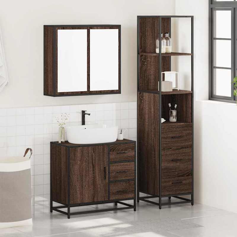 Badkamermeubel – Badmeubelset – Wastafelmeubel – Badkamerkast – Onderbouwkast – 3-delig – Bruine Eikenlook – Duurzaam Hardhout – Zonder Elektriciteit