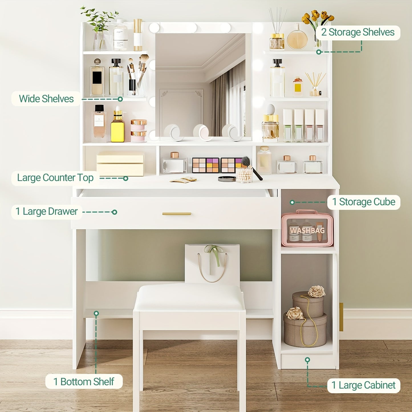 Kaptafel – Make-uptafel – Schminktafel – Dressing Table – Schoonheidstafel – Wit – Grote Tafelblad – Instelbare Verlichting