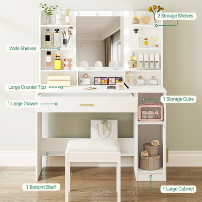 Kaptafel – Make-uptafel – Schminktafel – Dressing Table – Schoonheidstafel – Wit – Grote Tafelblad – Instelbare Verlichting
