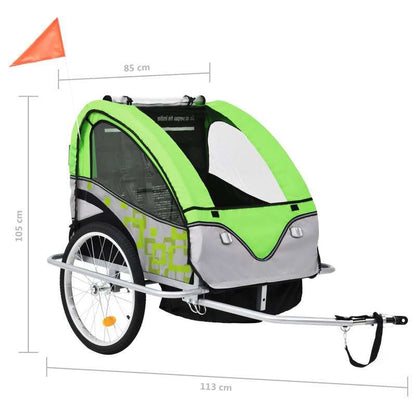 Fietsaanhanger – Fietskar – Kinderwagen – Stroller – Buggy – 2-in-1 Systeem – Eenvoudig Om Te Schakelen – Groen-Grijs