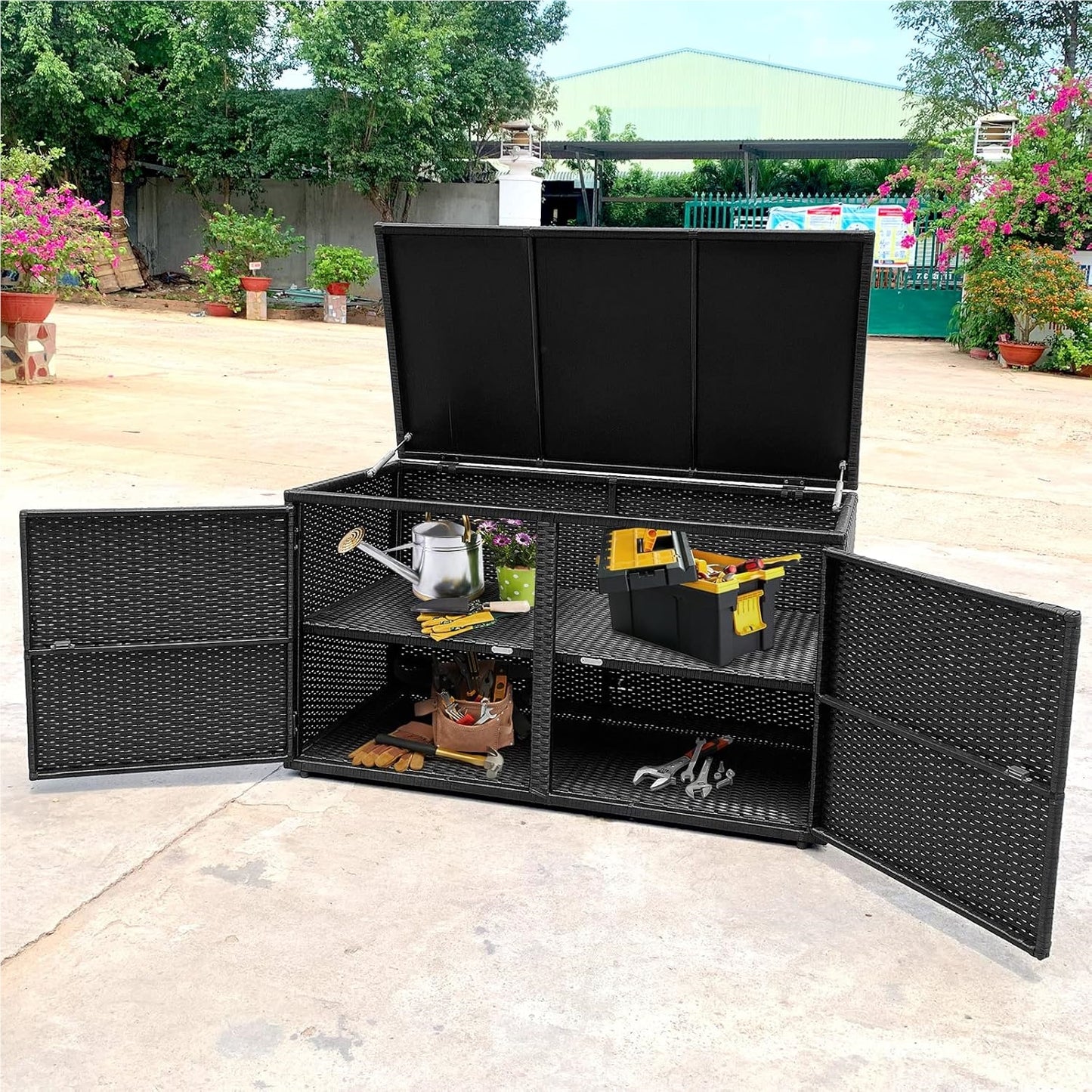 Rattan Opbergbox – Tuinkist – Opbergkist – Buitenbox – Tuinbank Met Deksel – 333L Inhoud – Weerbestendig PE Rattan – Dubbele Deuren & Binnenplanken – Mat Zwart – 115x60x65 cm