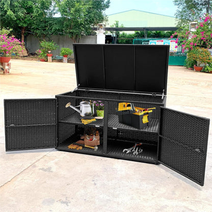 Rattan Opbergbox – Tuinkist – Opbergkist – Buitenbox – Tuinbank Met Deksel – 333L Inhoud – Weerbestendig PE Rattan – Dubbele Deuren & Binnenplanken – Mat Zwart – 115x60x65 cm