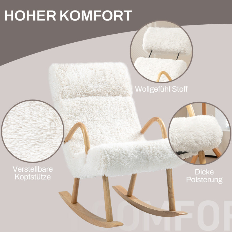 Schommelstoel – Relaxstoel – Rocking Chair – Lounge Stoel – Schommelstoel Wit – Zachte Fleece Bekleding – Stevig Houten Frame – Verstelbare Hoofdsteun – Max 120 kg