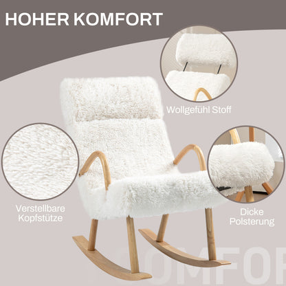 Schommelstoel – Relaxstoel – Rocking Chair – Lounge Stoel – Schommelstoel Wit – Zachte Fleece Bekleding – Stevig Houten Frame – Verstelbare Hoofdsteun – Max 120 kg