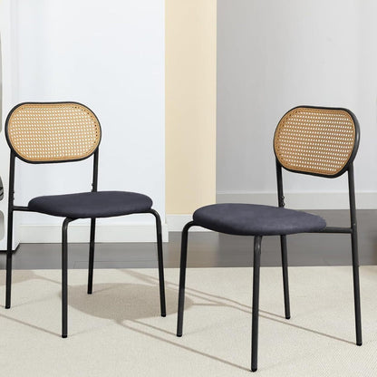 Eetkamerstoelen – Stoel – Kuipstoel – Keukenstoel – Zithoekstoel – Set Van 2 – Met Fluwelen Zitting – Met Rattan Rugleuning